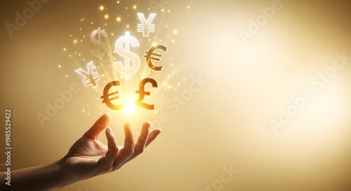 Hand Lifting an Array of Global Currency Symbols