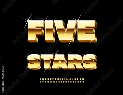 Vector Premium logo Five Stars. Chic Bold Gold 3D Font for Logo Design and Digital Branding. Awesome Alphabet Letters and Numbers set.