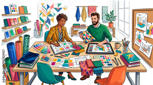 Two designers working on colorful projects.