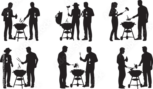 Silhouette vector illustrations of people grilling and socializing around barbecues