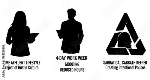 Silhouetted business professionals embracing work-life balance concepts against a white background