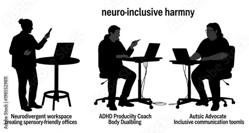Silhouettes of people collaborating in neuro-inclusive workspaces with laptops for business