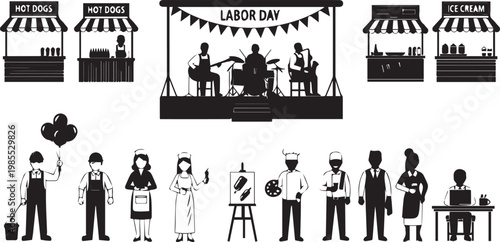 labor day celebration with diverse street vendors and performers in flat vector style