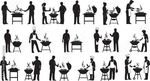 vector illustration of diverse people grilling and socializing around barbecues