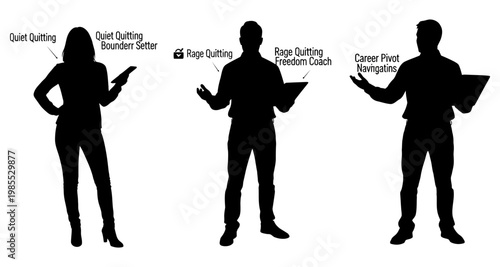 Silhouettes of people discussing quiet quitting and career changes during a bright overhead light