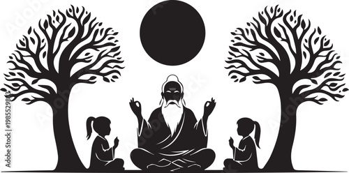 meditative master teaching children under twin trees with a full moon
