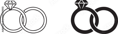 Wedding rings with diamonds linked together as marriage symbols in black silhouette and outline.
