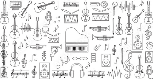 Musical instruments and notes doodle a black and white composition