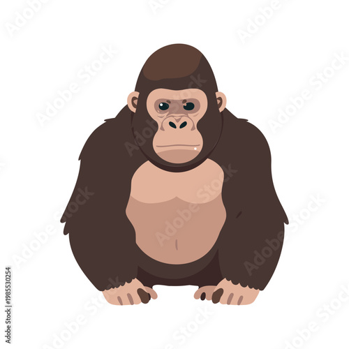 Cartoon gorilla sitting and staring forward on a white isolated background