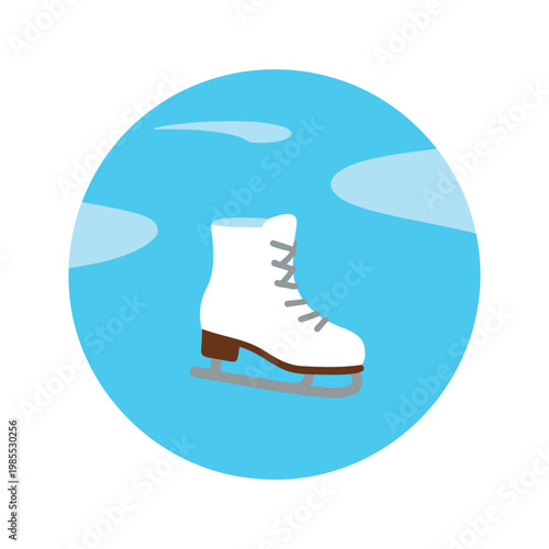 Illustration of a white ice skate on a light blue circular ice rink background