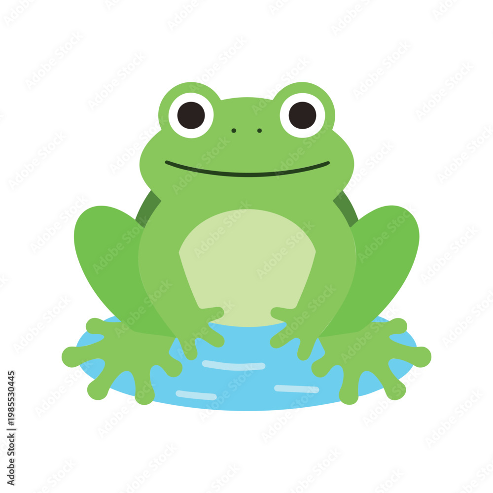 Fototapeta premium Illustration of a cute green frog sitting on a blue lily pad on a white background