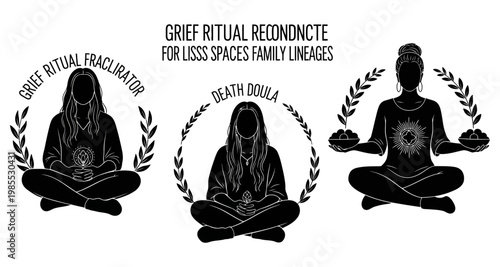 Women in silhouette meditating with laurels representing grief ritual and death doula services