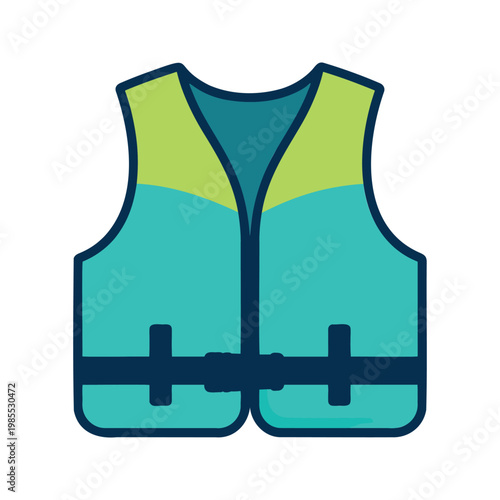 Illustration of a bright teal and lime green life vest with dark blue straps