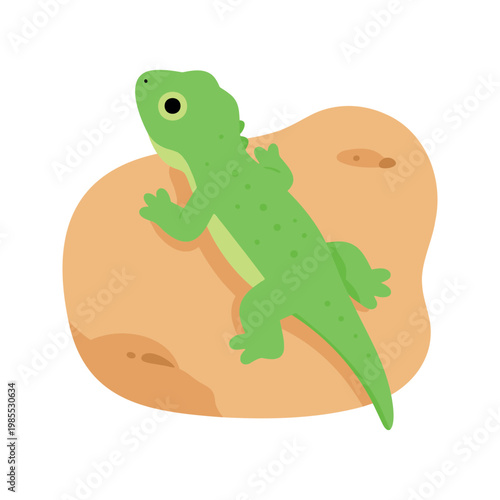 Cartoon green lizard climbing a tan rock in a vector illustration