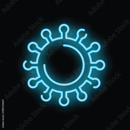 Bright blue neon sign showing the shape of a coronavirus bacteria glowing on a black background