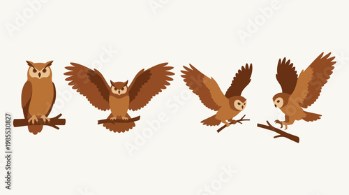 Four brown owls on branches.