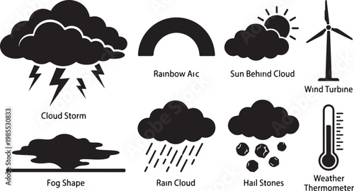Weather icons, cloud symbols, storm and temperature graphics, meteorology vector set