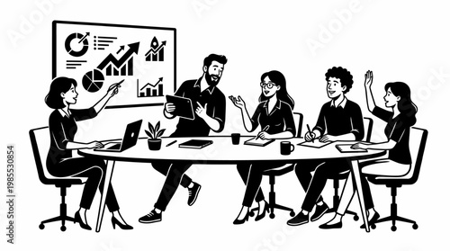 Black and White Illustration of Casual Team Discussion on Sofa with Laptops and Notes
