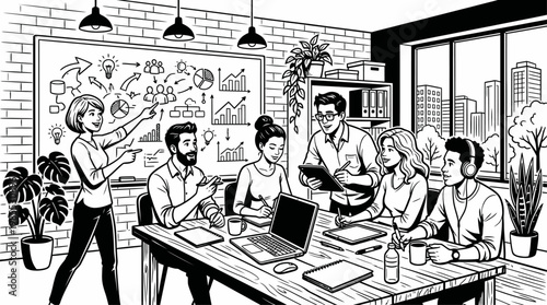 Line Illustration of Executive Team Meeting in Conference Room with Large Table