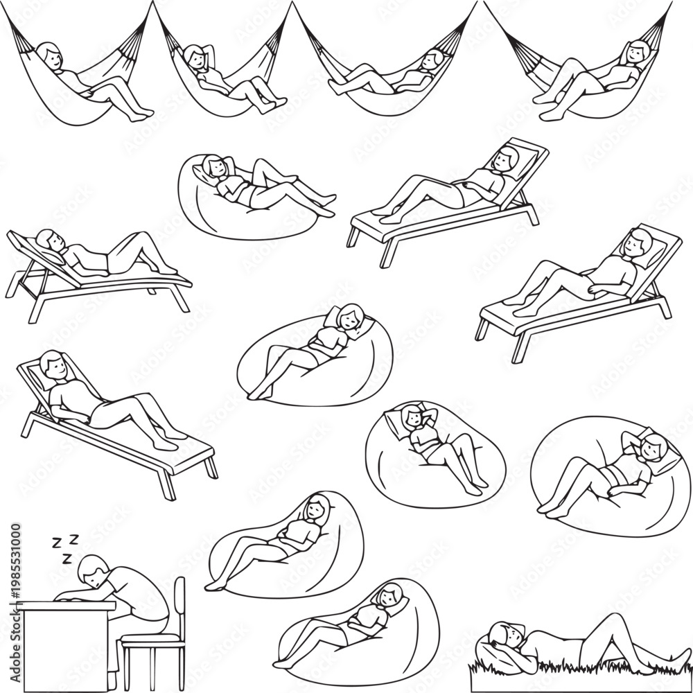 Obraz premium Minimalist line art people relaxing set, 15 black and white vector icons of characters resting in hammocks and bean bags, simple doodle style leisure collection