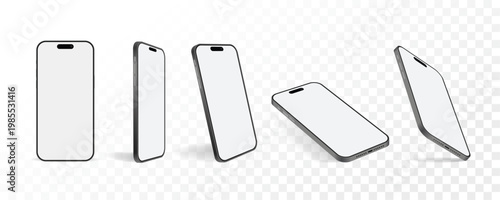 Modern Silver Smartphone Mockup Set – Thin Metal Device Front, Side and Perspective Views with Blank Screen for UX UI App Presentation and Advertising Design