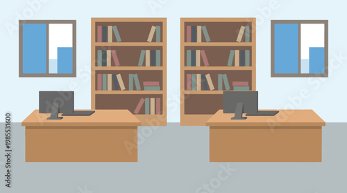 a cartoon office with two desks and bookshelves.