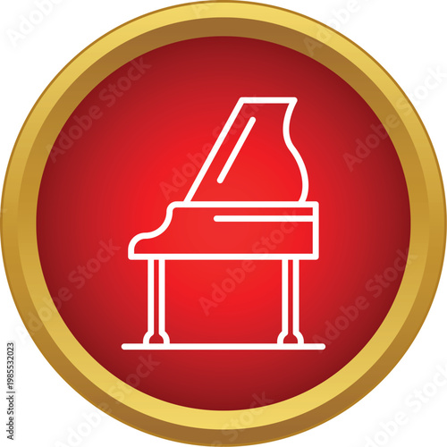 Grand piano musical instrument line icon on a glossy red button with gold border