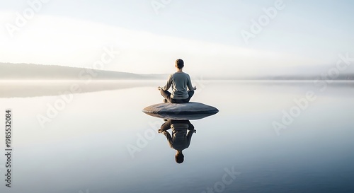 A calm morning fishing trip on the lake captures a boat reflecting in the fog as the sunrise glows over the water and distant horizon