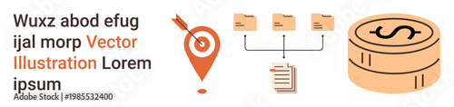 Business management, data organization, financial planning, file sharing, location targeting, workflow optimization. Target marker, file structure coin stack. Business management and data