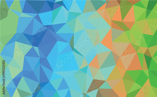 Dynamic low poly geometric shapes create a refreshing visual harmony of bright blues, greens, and oranges