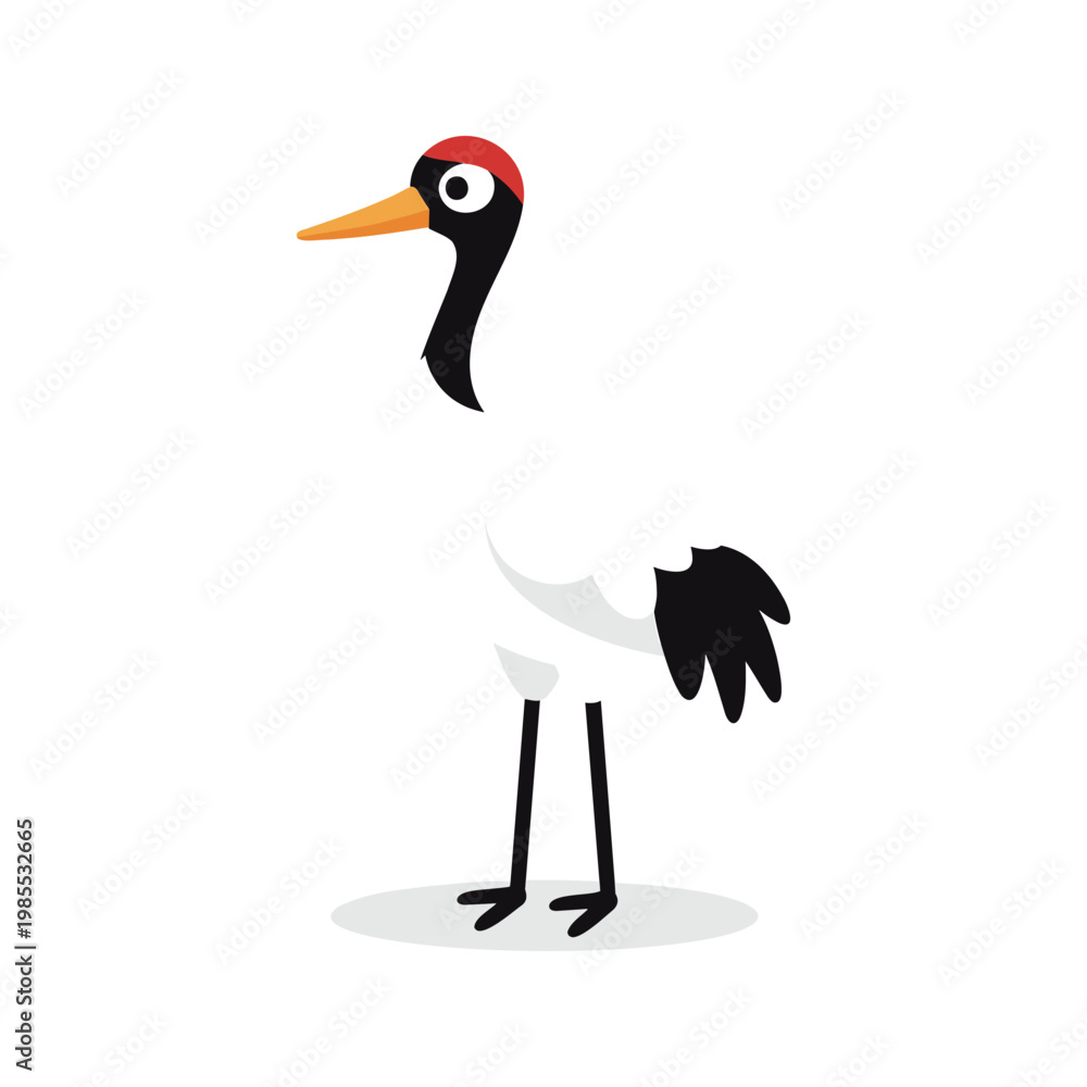Fototapeta premium Cartoon red crowned crane stands, featuring black, red, white and orange coloring