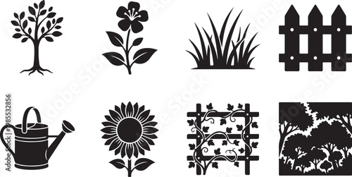 Garden, fence, flower, tree, watering can, icon set, black and white, vector graphics