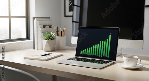 An empty office desk featuring a laptop and coffee cup on a wooden table near a keyboard and mouse within a professional workspace interior