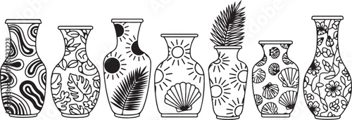 Elegant vases with floral and geometric patterns on display Vector