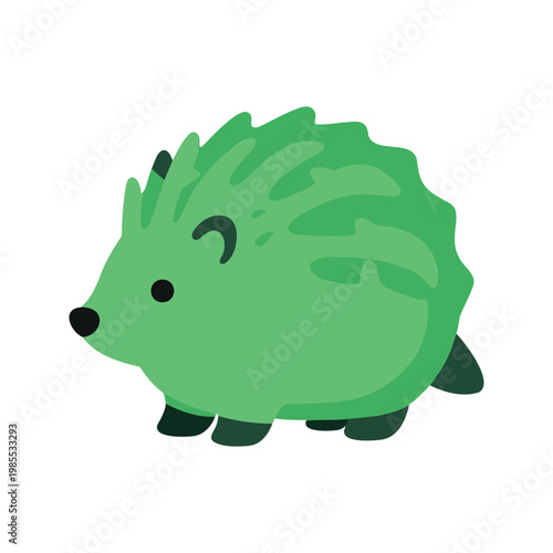 Stylized green hedgehog with dark accents stands against a white background