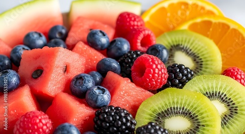 A delicious fresh fruit salad in a white bowl features a healthy mix of strawberries, blueberries, raspberries, and kiwi for a sweet and nutritious breakfast dessert