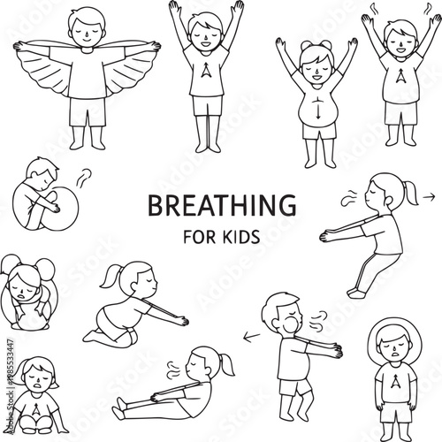 illustrated breathing exercises for kids with simple cartoon poses and relaxation techniques