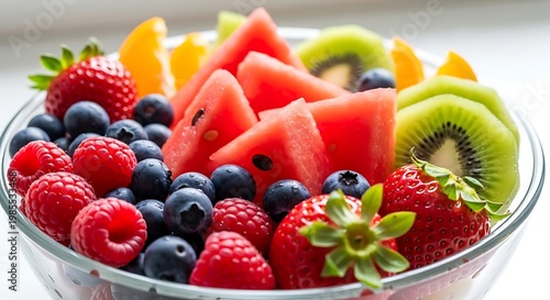 A delicious fresh fruit salad in a white bowl features a healthy mix of strawberries, blueberries, raspberries, and kiwi for a sweet and nutritious breakfast dessert