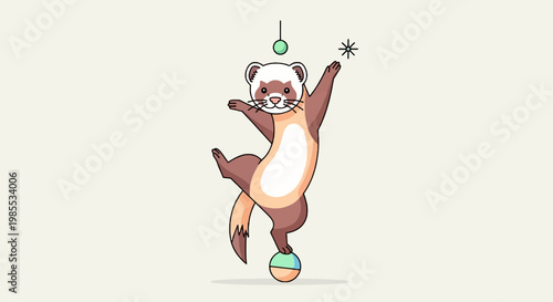 Brown and white ferret balancing on a striped ball illustration in cartoon style performing with a star and suspended sphere on light beige background