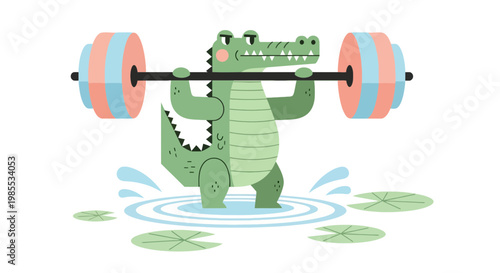 Cartoon alligator lifting barbell weight in water with lily pads vector illustration in light green and pastel colors for sport or humor.