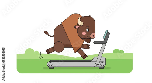 Cartoon bison running on a treadmill in a grassy park illustration; fitness and exercise concept with whimsical brown animal character