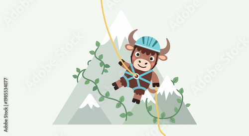 Cartoon climbing yak rappelling down mountain peak on rope illustration; cute mountaineer climber with helmet and harness on background