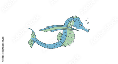 Cartoon blue seahorse with green accents illustration; nautical marine life swimming design element on isolated white background
