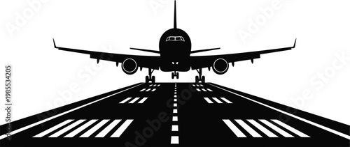 Black silhouette airplane taking off on runway takeoff