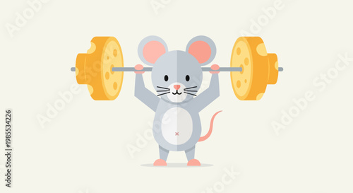 Cartoon illustration of a gray mouse lifting a barbell made of cheese against a cream background in a simple flat style