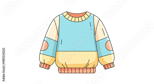Cartoon illustration of a colorful knit sweater with light blue chest panel and tan sleeves with elbow patches on a white background