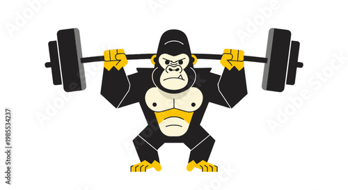 Cartoon gorilla weightlifting barbell with confident expression in vector illustration against white backdrop for fitness concept