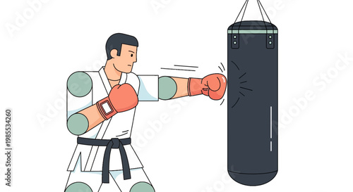 Cartoon man in karate uniform practicing punch on punching bag digital vector illustration in flat design with geometric shapes