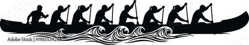 Black silhouette of people rowing a boat on wavy water silhouettes