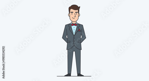 Cartoon man in a gray suit and red bow tie standing politely with hands behind his back in simple vector illustration style